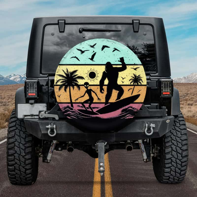 Load image into Gallery viewer, Bigfoot Alien Surfers Tropical Palm Tree Beach Spare Tire Cover
