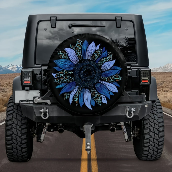 Blue Cheetah Sunflower Spare Tire Cover